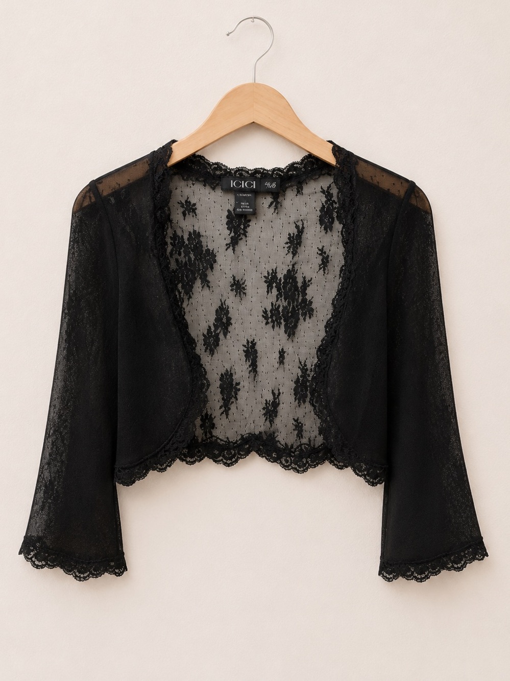 Igigi Black Delicate Lace Semi Sheer Scallop Trimmed Cropped Bolero Flowy Shrug